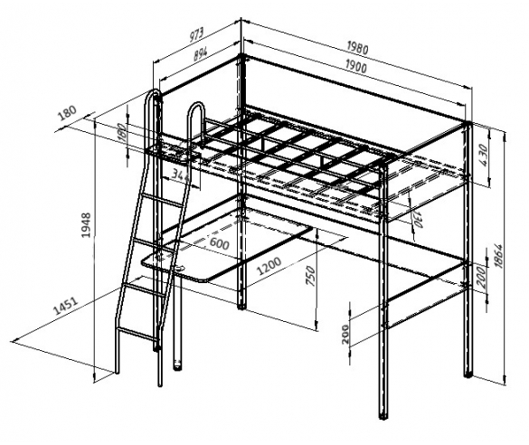 Схема с размерами кровати-чердака Дельта Лофт-20.02.01