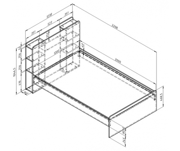 Схема с размерами кровати с полками Дельта Лофт