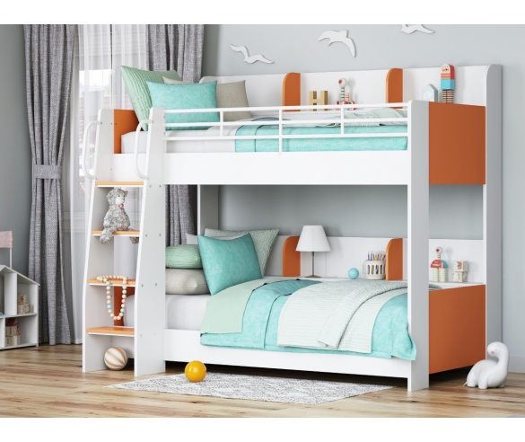 Кровать двухъярусная с полками Соня 5 белый/оранж