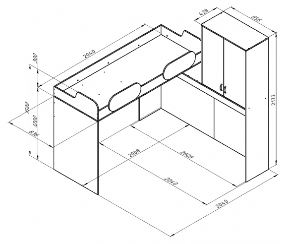 Угловая кровать чердак Дельта 18.05 Схема с размерами
