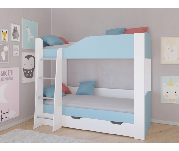 Кровать Астра 2 с ящиком, корпус белый / фасад голубой