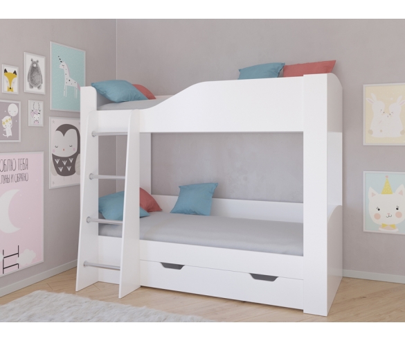 Кровать для двоих детей Астра 2 с ящиком, корпус белый / фасад белый