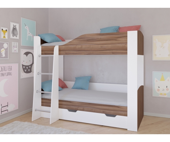 Детская двухъярусная кровать Астра 2 с ящиком, корпус белый / фасад орех