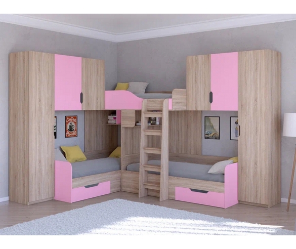 Кровать Трио 3 Дуб сонома/Розовый