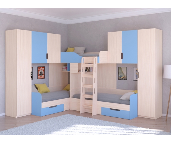 Кровать Трио 3: цвет корпуса Дуб Молочный, цвет фасада Голубой