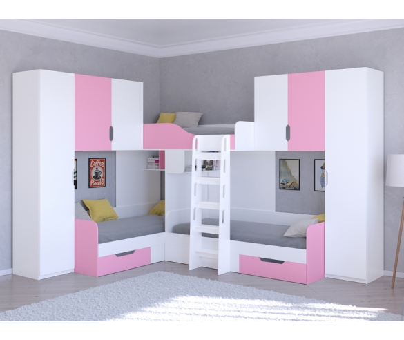Кровать для троих детей Трио 3 - Розовый фасад, корпус Белый