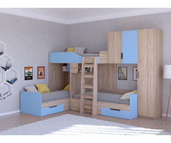 Трехместная кровать Трио Дуб Сонома/Голубой