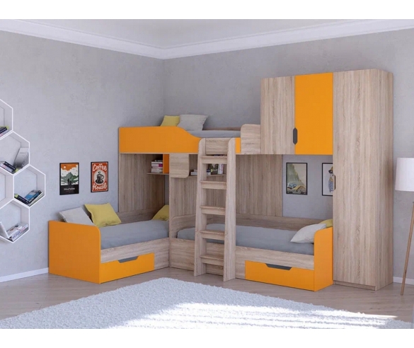 Трехместная кровать Трио Дуб Сонома/Оранжевый