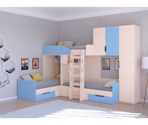 Кровать Трио 2: цвет корпуса Дуб Молочный, цвет фасада Голубой