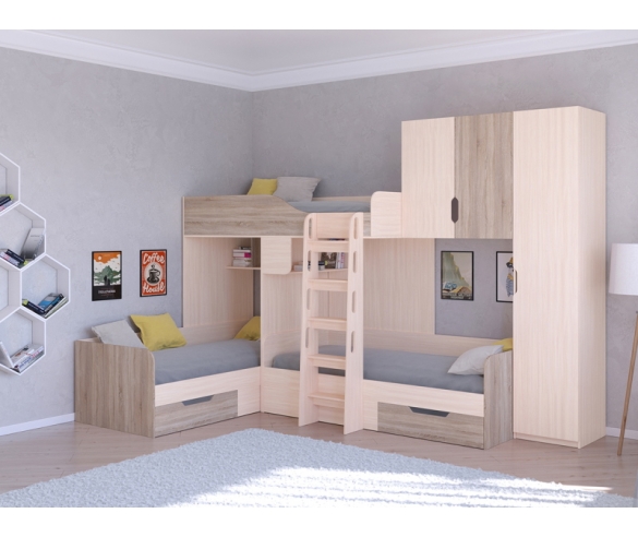 Детская кровать Трио 2: цвет корпуса Дуб Молочный, цвет фасада Сонома