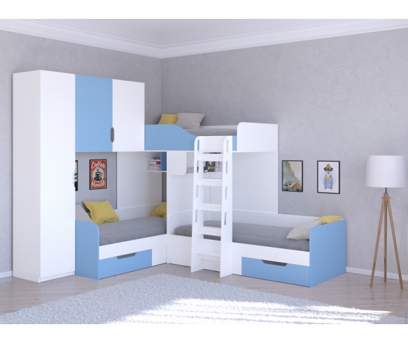 Кровать Трио 1 для мальчиков: цвет Белый / Голубой