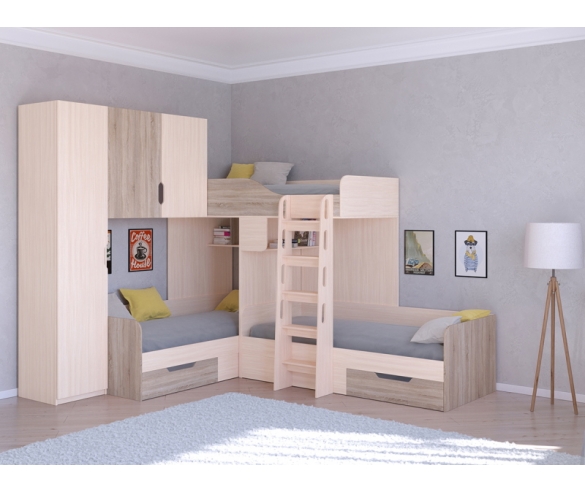 Кровать Трио 1 для троих детей: цвет корпуса Дуб Молочный, цвет фасада Сонома