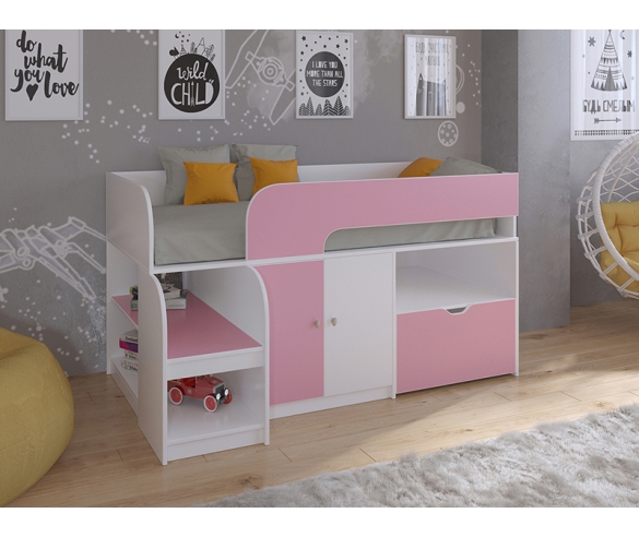 Кровать-чердак Астра 9 V1 в бело-розовом цвете