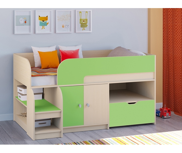 Кровать-чердак Астра 9 V4 в цвете Дуб Молочный / Салатовый