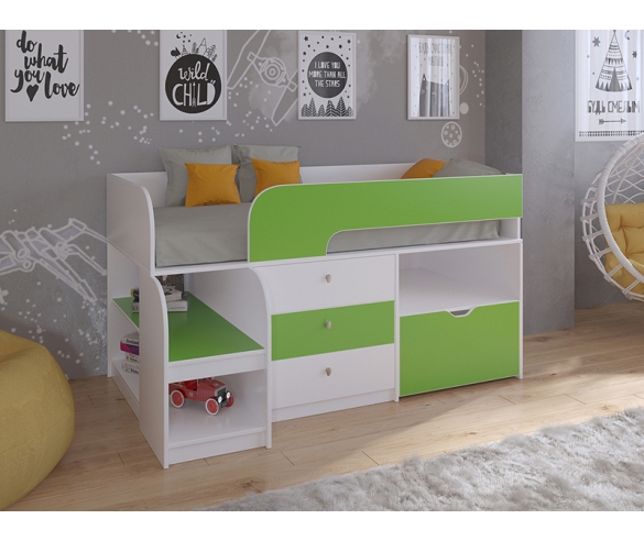 Кровать-чердак Астра 9 V5 с салатовым фасадом и белым корпусом