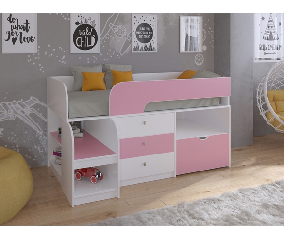 Невысокая кровать-чердак Астра 9 V5 в бело-розовом цвете