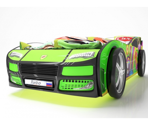 Кровать-машина Турбо зеленая вид спереди с колесами