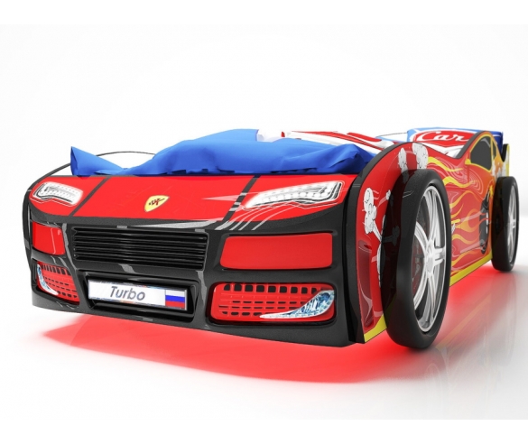 Детская кровать машина Турбо красная 2 с подъемным матрасом вид спереди с колесами