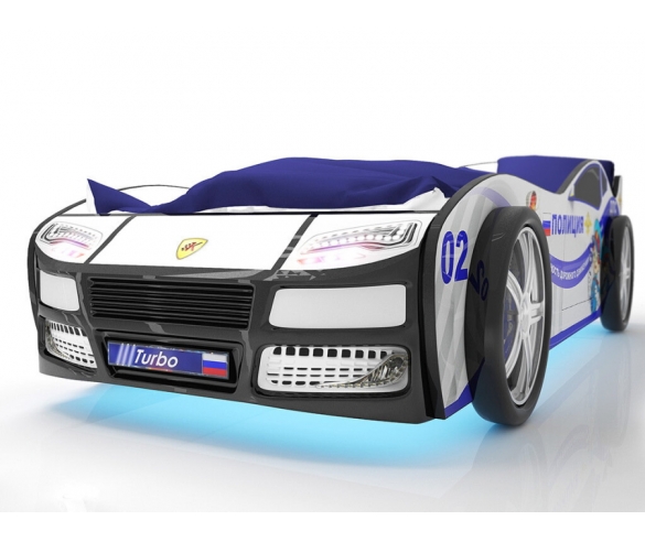 Кровать машинка Турбо Полиция вид спереди с колесами