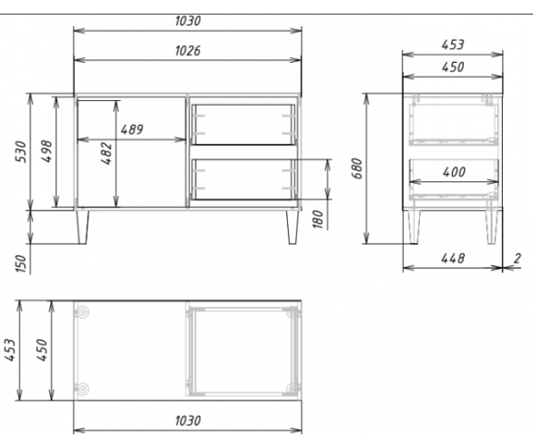 Схема с размерами низкого комода Квадро КД-06