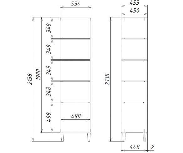 Схема с размерами узкого стеллажа Квадро КД-07