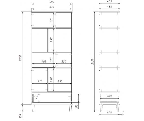 Схема с размерами широкого стеллажа Квадро КД-08