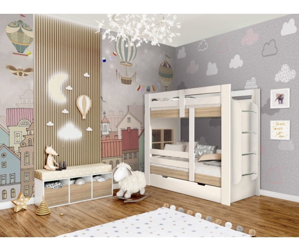 Кровать Сказка ДС-42 с выкатным ящиком ДС-41, с цветными вставками.