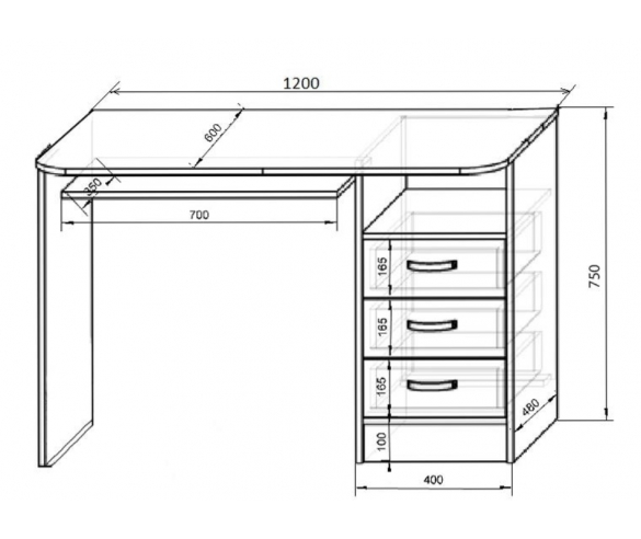 Схема с размерами стола письменного Мишка МК 13.1
