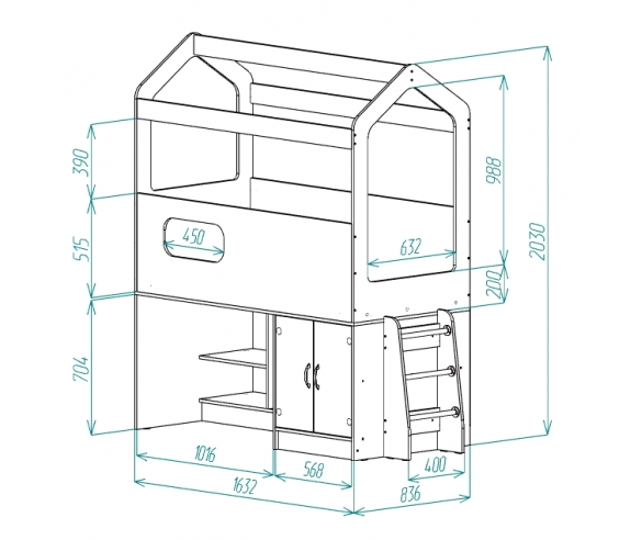 Схема с размерами кровати Домик Мишка ДС-12