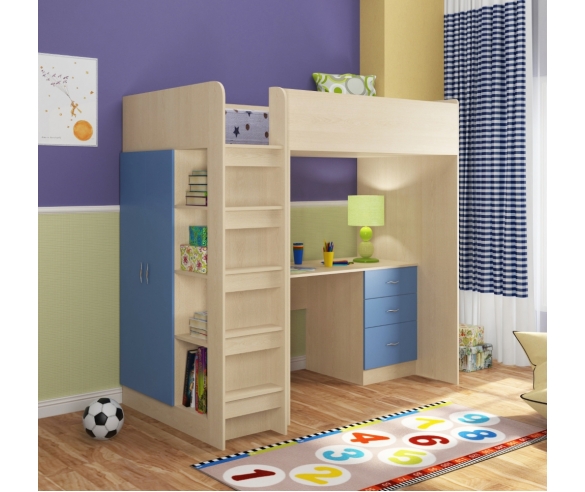Кровать чердак для мальчика Теремок 3 дуб молочный/голубой