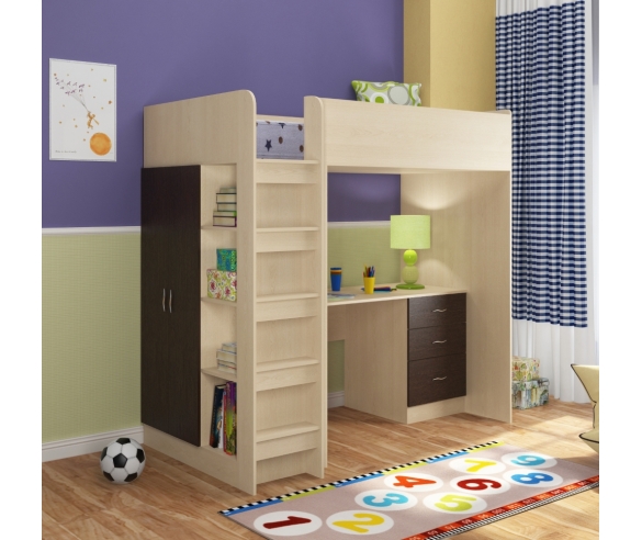 Детская кровать чердак с рабочей зоной Теремок 3 дуб молочный/венге