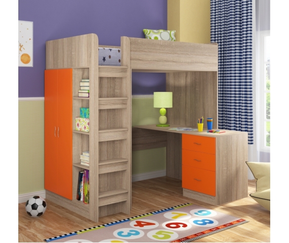 Кровать чердак в детскую комнату Теремок 3 Дуб сонома/оранж