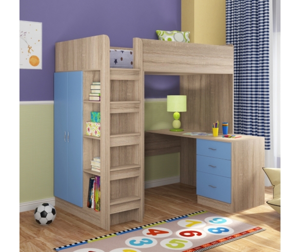 Чердак с рабочей зоной и шкафом Теремок 3 Дуб сонома/голубой