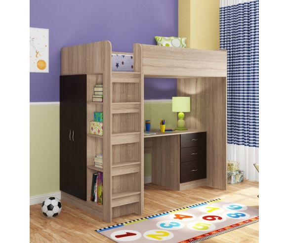 Чердак с рабочей зоной и шкафом Теремок 3 Дуб сонома/Венге