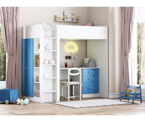 Кровать чердак Теремок 3 Белый/Голубой