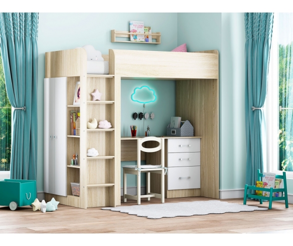 Кровать чердак Теремок 3 Ясень шимо светлый/Белый