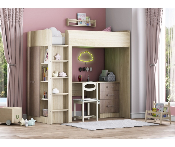 Кровать чердак Теремок 3 Ясень шимо светлый/Ясень шимо темный