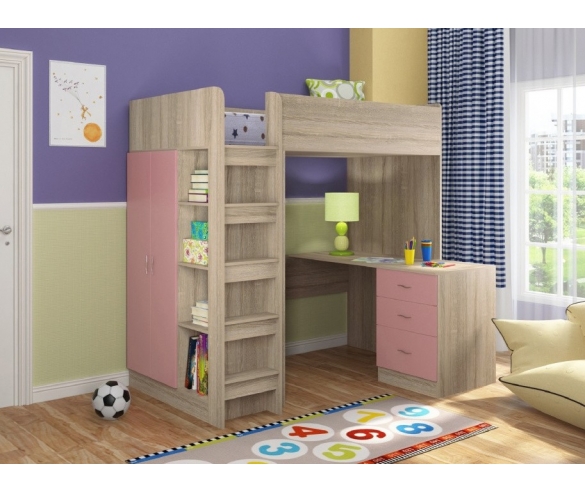 Кровать чердак для девочки подростка Теремок 3 Дуб сонома/розовый