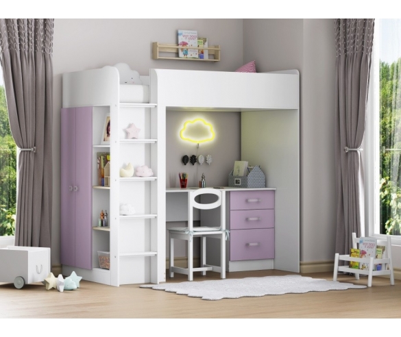 Кровать чердак для девочки Теремок 3 Белый/Фиолетовый