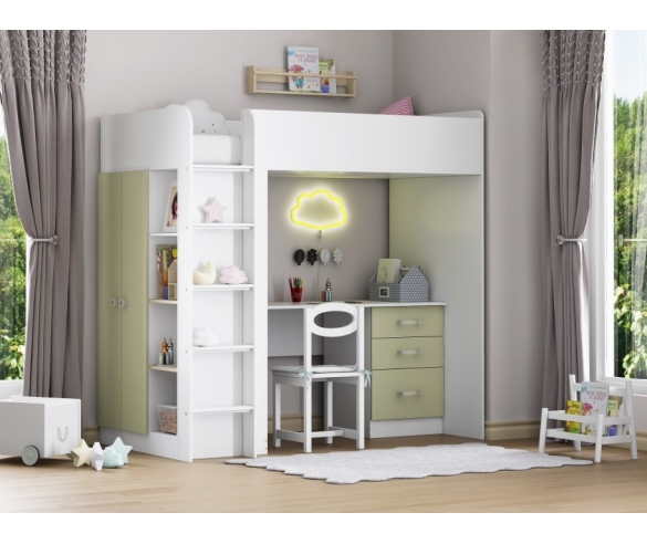 Кровать чердак с рабочей зоной Теремок 3 Белый/Шалфей