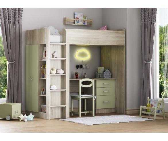 Кровать чердак с рабочей зоной Теремок 3 Ясень шимо светлый/Шалфей