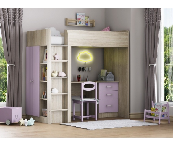 Кровать чердак с рабочей зоной Теремок 3 Ясень шимо светлый / фиолетовый
