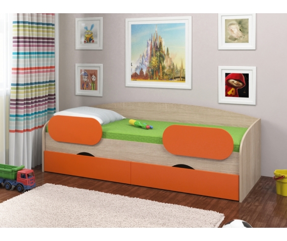 Кровать Соня 2 + бортики Дуб Сонома/Оранжевый