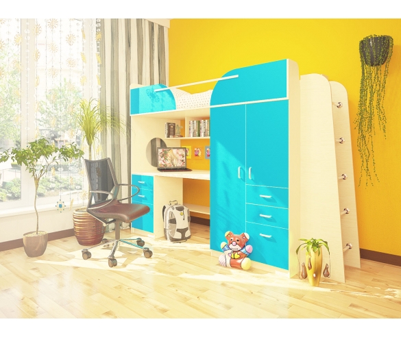 Кровать чердак дуб синий