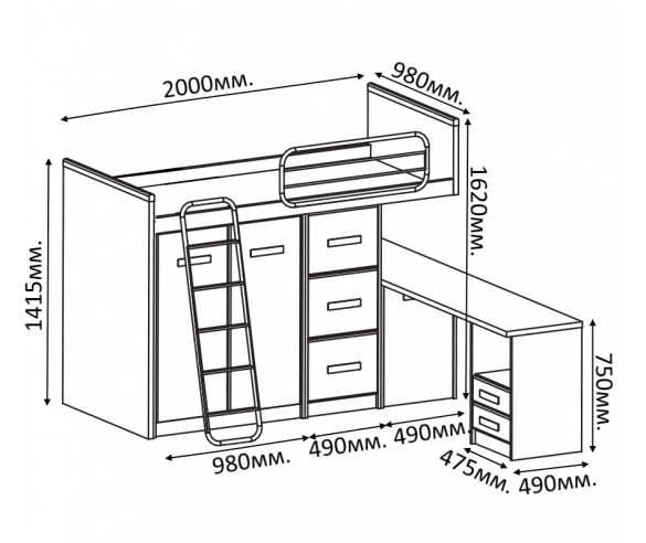 Кровать для детей Данза со шкафами и столом - схема и размеры  