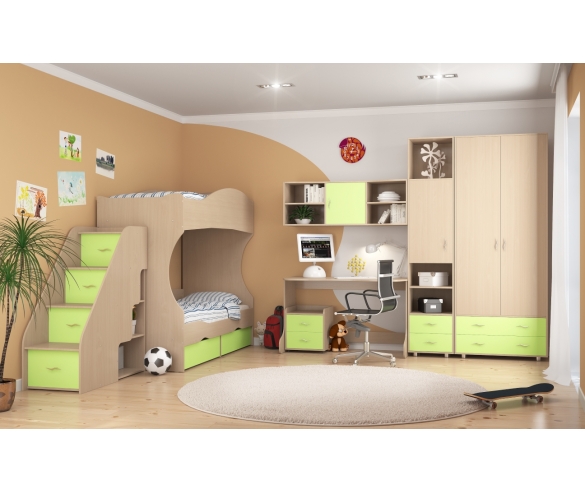 Детская комната для двух детей Дельта №4 Дуб Молочный/Салатовый