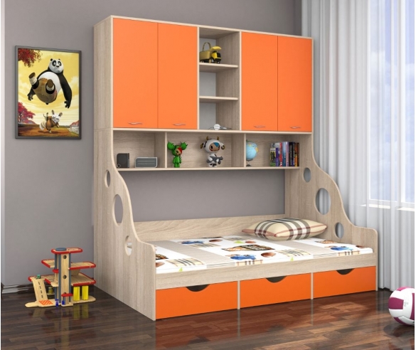 Кровать с антресолью Дельта Дуб сонома/Оранжевый