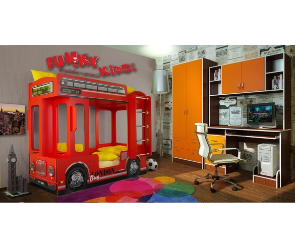 Детская кровать-машина Лондон + стол 13/14СВ + шкаф двухдверный 13/3СВ. Цвет: Венге/Оранжевый 