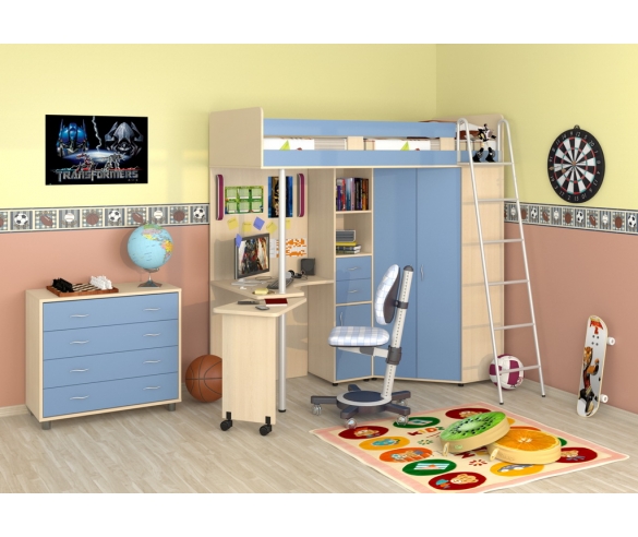 Кровать М-85 корпус дуб молочный / фасад голубой