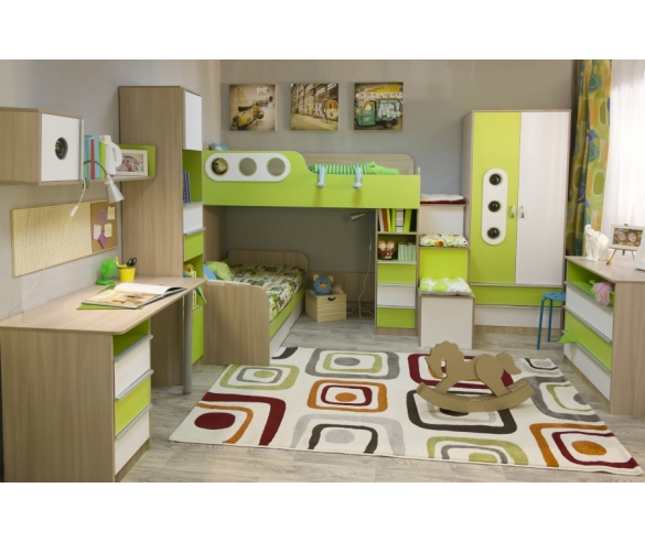 Детская комната из мебели Беби Бум. Цвет корпуса: ясень шимо светлый, цвет фасада: лайм/белый